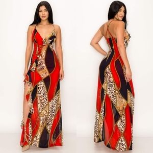 Ruby Red Leopard Ruffled Maxi Dress